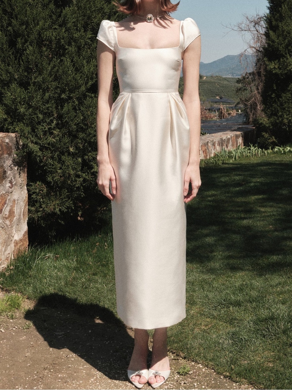 Ivory Square-Neck Midi Dress with Cap Sleeves